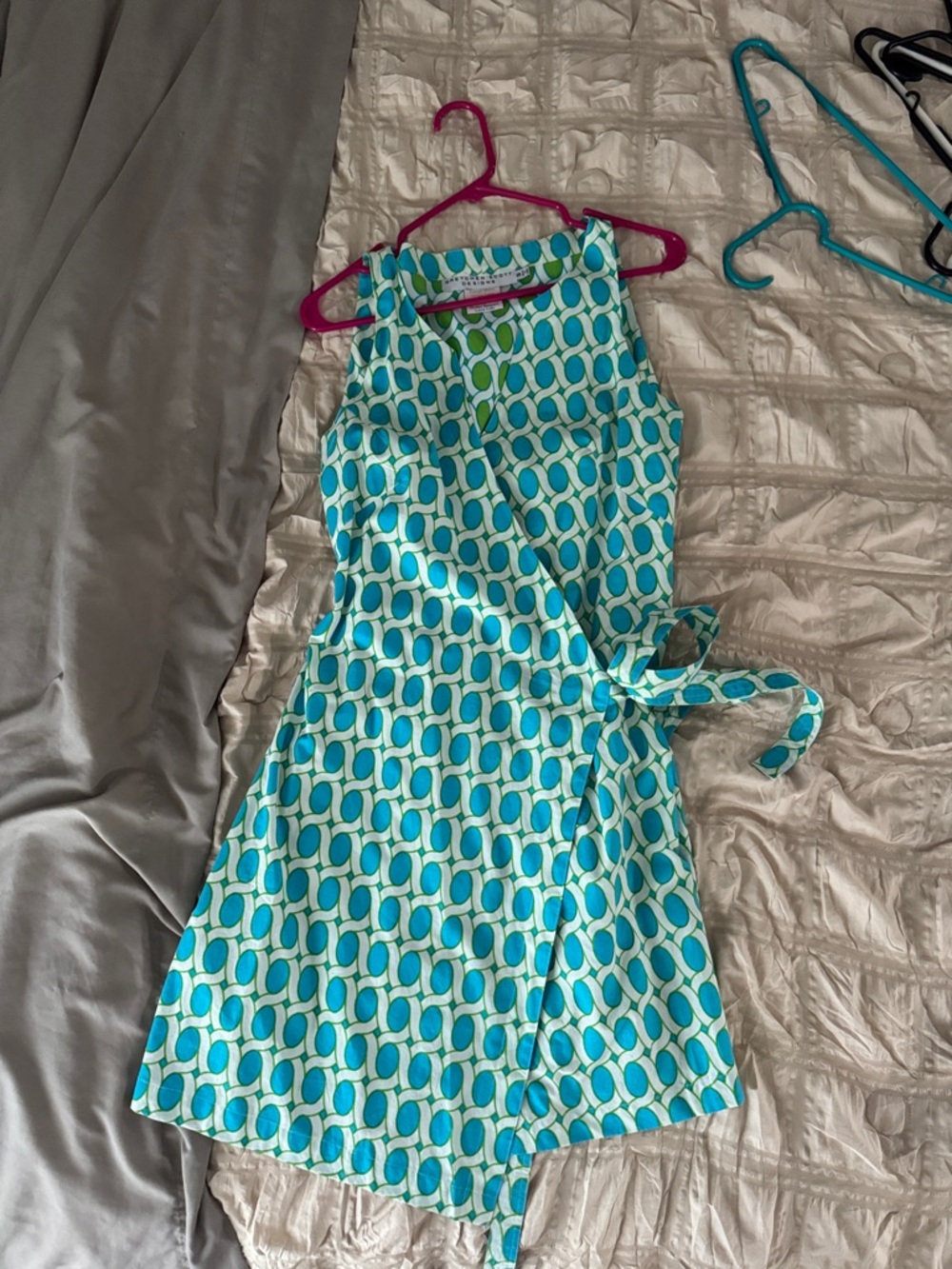 Gretchen Scott Designs Aqua & White Geometric Wrap Dress